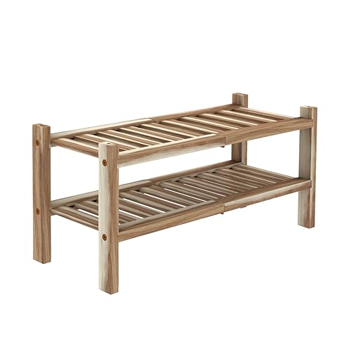 2-Tier Acacia Wood Stackable Shoe Rack - Brush Light Natural - color: Brush Light Natural