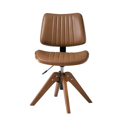 HULALA HOME Faux Leather Home Office Desk Chair No Wheels, Camel | Mid-Century Modern Desk Chair with Wood Legs, 360° Swivel Computer Task Chair with Channel-Tufted Backrest, Height Adjustable - color: Camel