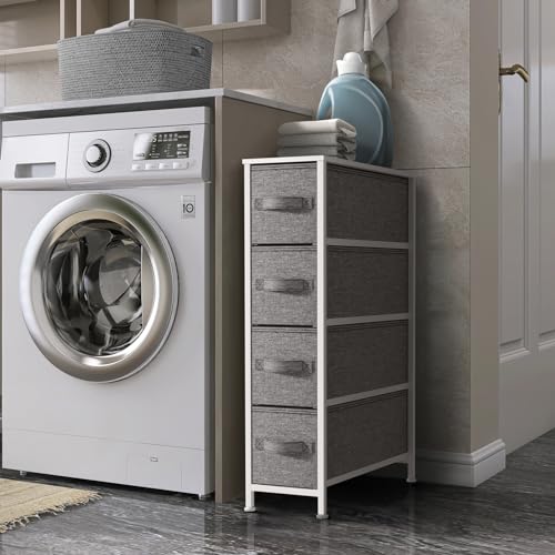 Sorbus Narrow Dresser with 4 Drawers - Vertical Slim Storage Chest of Drawers with Steel Frame, Wood Top & Easy Pull Fabric Bins for Small Spaces, Closets, Bedroom, Bathroom & Laundry (White/Gray) - color: White/Gray, style: 4 Drawer