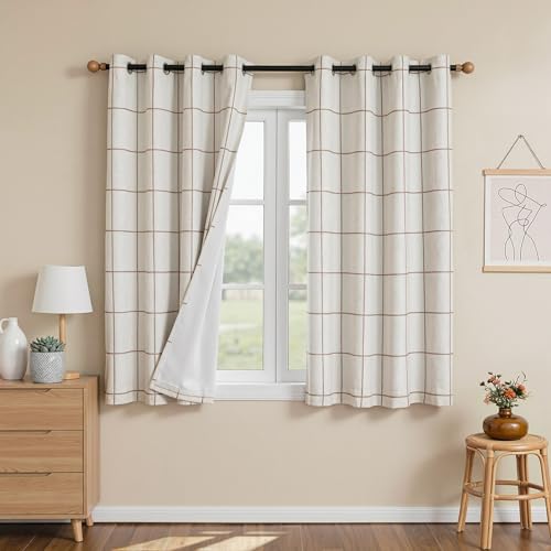 MYSKY HOME 100% Blackout Plaid Linen Farmhouse Curtains 72 Inch Length 2 Panels Set Double Layer Thermal Insulated Black Out Checkered Patterned Window Treatment, 2 Pcs, 52" Wide Each Panel, Brown - color: Brown, size: 52"W x 72"L (Pack of 2)