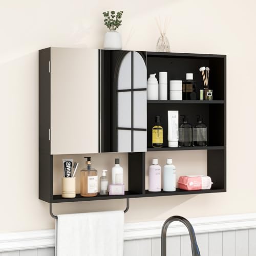Bathroom Wall Cabinet with Mirror & Towel Bar, Black - color: Black-with Mirror