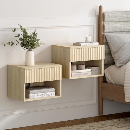 Floating Nightstand Set of 2 with Drawer, Fluted Modern Night Stand with Fluted Door and Open Storage Shelf Wall Mounted Bedside Table for Bedroom, Entryway Light Oak - color: Light Oak, size: 2 PCS