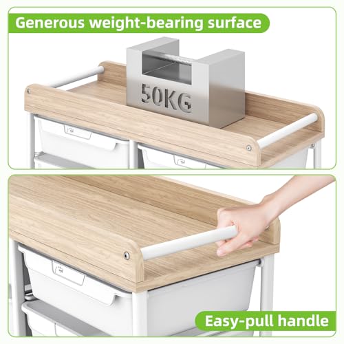 10 Drawers Rolling Cart with Wooden Tabletop, Utility Storage Cart with Wheels, Art Supply Craft Organizer on Wheel with Metal Frame & Handles for Home Office School (Pure White) - color: Pure White
