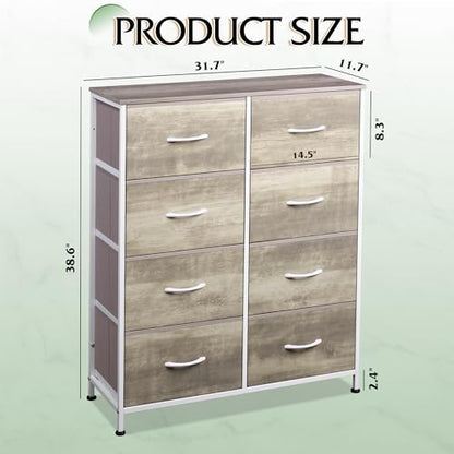 WLIVE Fabric Dresser for Bedroom, Tall Dresser with 8 Drawers, Storage Tower with Fabric Bins, Double Dressers, Chest of Drawers for Closet, Living Room, Hallway, Greige | Greige 8-drawer tall storage tower with fabric bins and wood tabletop, breathable n