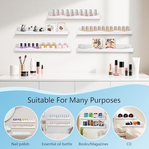 Nail Polish Wall Rack, 6-Shelf 15-Inch White Acrylic Nail Polish Shelves with Removable Ends – Multi-Purpose Shelf for Essential Oils, Cosmetics Storage and Display for Salons and Bathrooms - color: White