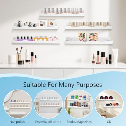 Nail Polish Wall Rack, 6-Shelf 15-Inch White Acrylic Nail Polish Shelves with Removable Ends – Multi-Purpose Shelf for Essential Oils, Cosmetics Storage and Display for Salons and Bathrooms - color: White