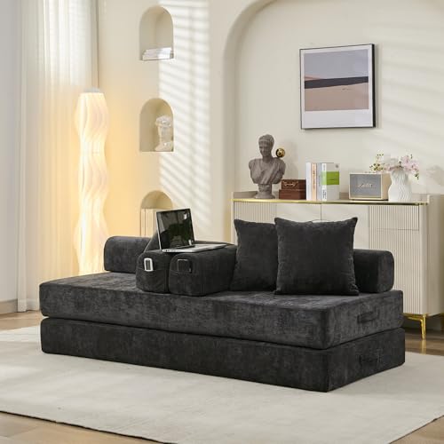 Convertible Folding Sofa Bed Modular Floor Couch, 78.8‘’ Cloud Sleeper Sofa with Removable Backrest, Chenille Foldable Mattress Couch, Lazy Loveseat for Small Space, Apartment, Bedroom, Black - color: #3-black