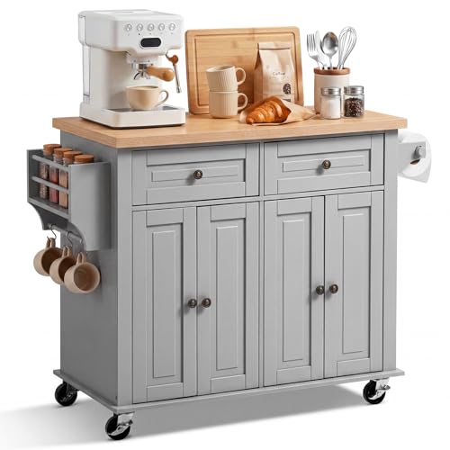 VEVOR Kitchen Island Cart with Storage, 43.7 in Wide Mobile Rolling Storage Island on Swivel Wheels, with 2 Drawers, Storage Cabinet, Spice/Towel Rack, Hooks, Table for Home Dining Room, Gray - color: Grey