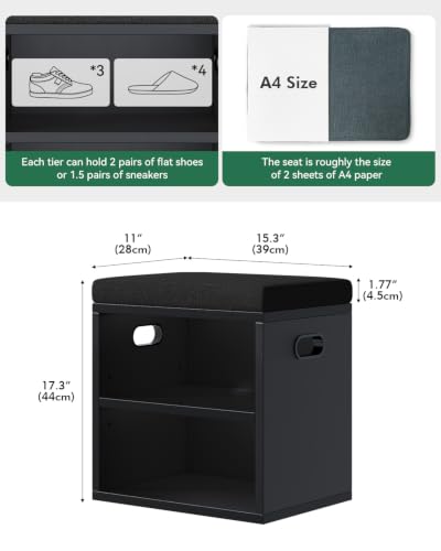 2 Tier Small Shoe Storage Bench Black US-FHXD01B | hold up to 4 pairs of shoes, with Adjustable Middle Shelf, Padded Seat Cushion,cut-out handle - color: Black