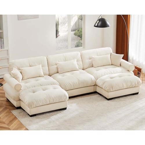 130" Modular Sectional Sofa,Velvet Upholstered Couches for Living Room,3 Seater Beige Sofa Couch with Movable Ottoman,Big Comfy Loveseat Sofa with Deep Seats for Living Room,Apartment,Bedroom - color: Beige, size: 3-Seat & 2-Ottoman
