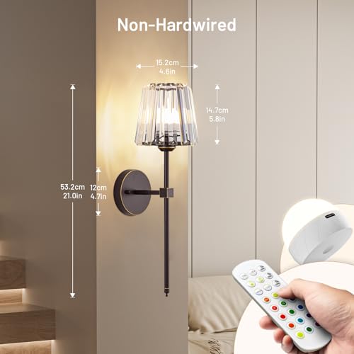 Crystal Battery Operated Wall Sconces Set of 2, Brown and Gold Rechargeable Wireless Wall Lights with Crystal Lampshade, 12 RGB and 3CCT Dimmable Wall Lamps with Remote for Bedroom Living Room Hallway - color: Brown and Gold