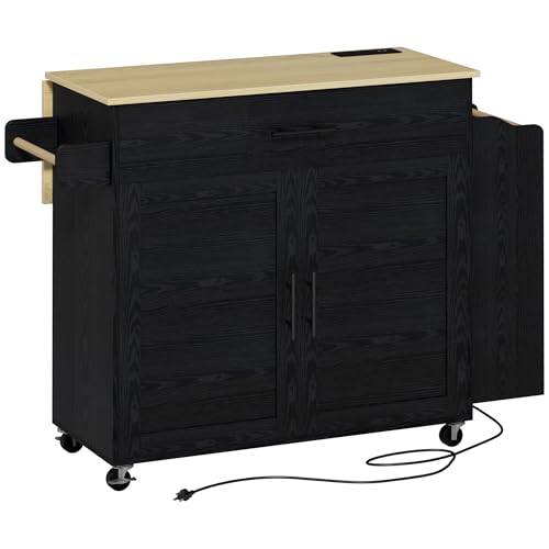 IRONCK Kitchen Island with Storage, Charging Station and Drop Leaf, Black | Wheels, Drawers, Open Shelves, Drawer Storage, Everyday Home Use - color: Black