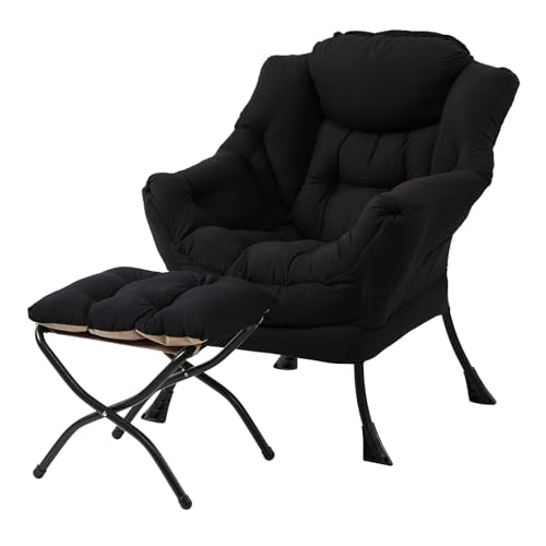 Lazy Chair with Ottoman, Comfy Accent Reading Chair, Black | Foldable Footrest,Removable Cover,with Armrests and Side Pockets,Upholstered Lounge Chair for Bedroom,Dorm,Office,Small Space - color: Black