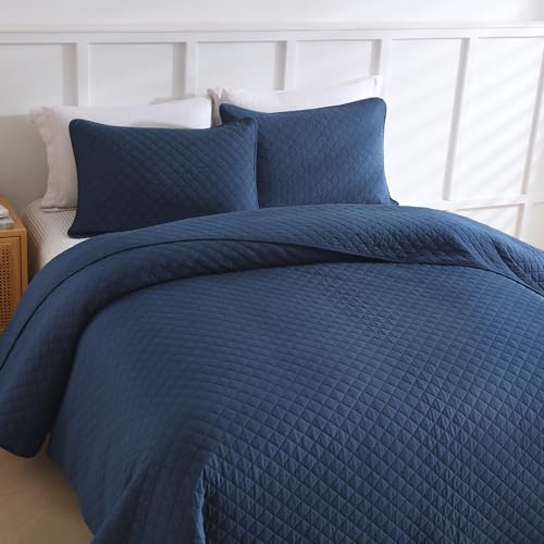 Wistown Cotton Queen Bedspread Quilt Bedding Set, Navy Blue | 3 Pieces Reversible Lightweight Soft Coverlets Comforters, All Seasons, Diamond Stitching Pattern - color: Navy Blue Diamond Pattern, size: Queen (90 by 98inch)