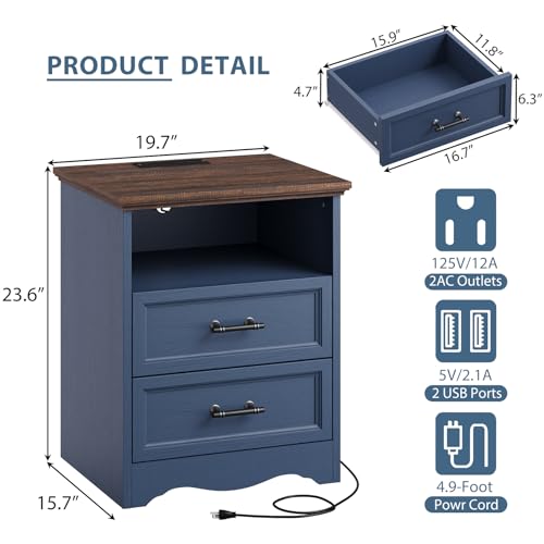 Farmhouse Nightstand with Charging Station, Blue Wood Bedside Table & End Table with 2 Drawers and Unique Base Design, Side Table Storage Cabinet with Metal Handles for Bedroom, Living Room - color: Blue, size: 1 Piece