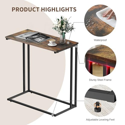 C-Shaped Side Table, Modern End Table with Metal Frame, Space Saving Design for Living Room，Large Surface Couch Table for Bedroom, and Home Office，24 x 12 x 24 inches (Brown)