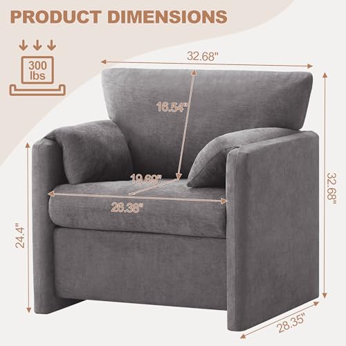 Oversized Accent Chair for Living Room, Large Modern Armchair with Deep Seat, Mid-Century Comfy Reading Chair with Padded Arms, Chenille Single Sofa Chairs for Bedroom, Light Grey, Regular, 1PC - color: Light Grey, size: Regular