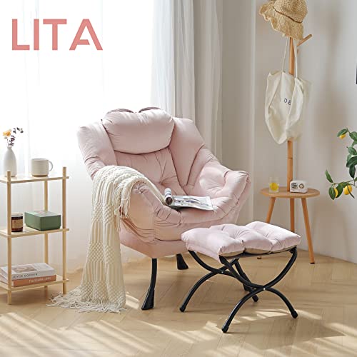 Lazy Chair with Ottoman, Comfy Accent Reading Chair, Velvet Pink | Foldable Footrest,Removable Cover,with Armrests and Side Pockets,Upholstered Lounge Chair for Bedroom,Dorm,Office,Small Space - color: Velvet Pink