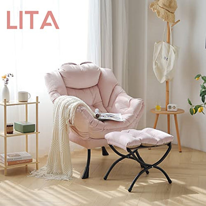 Lazy Chair with Ottoman, Comfy Accent Reading Chair, Velvet Pink | Foldable Footrest,Removable Cover,with Armrests and Side Pockets,Upholstered Lounge Chair for Bedroom,Dorm,Office,Small Space - color: Velvet Pink