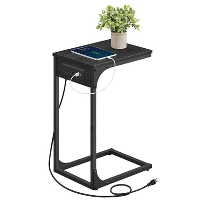 VASAGLE C-Shaped Side Table with Charging Station, 2 USB Ports and Outlets | End Table, C Table for Couch, Sofa, Adjustable Feet, for Bedroom, Living Room, Gray Oak, BARNET Collection ULET362G01 - color: Gray Oak
