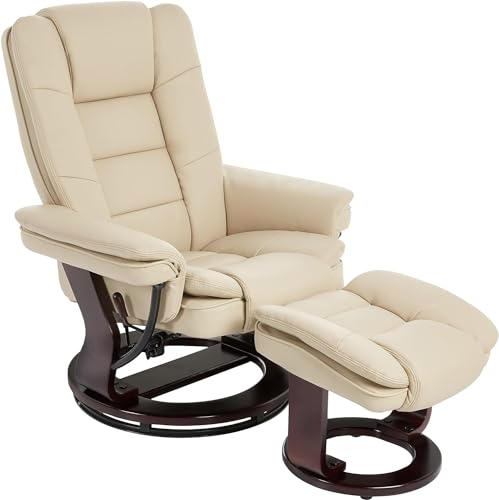 Argus Leather Recliner with Ottoman, Mahogany Wood Base, Ultra-Plush Double Foam Layered Reclining Bonded Leather Chair for Living Room and Office - (Vanilla) | 360°Sturdy Wood Base, Soft Faux Leather, Upholstered Ultra-Plush Foam, Modern Armchair, Living