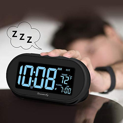 DreamSky Alarm Clocks for Bedrooms, Auto Set Digital Clock with Date & Temp | Electric Desk Clock with Dimmable Brightness Dimmer for Bedside Nightstand, Auto DST, USB Port, Temperature, Snooze - color: Black