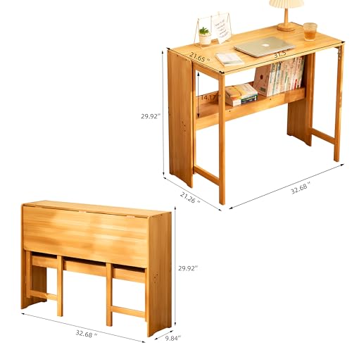 Bamboo Folding Desk, Mid Century Modern Sturdy & Space-Saving Hideaway Desk for Home Office Bedroom Small Spaces, Fold Out Desk with Storage Ergonomic Height Murphy Desk (Natural) - color: Natural