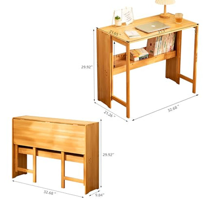 Bamboo Folding Desk, Mid Century Modern Sturdy & Space-Saving Hideaway Desk for Home Office Bedroom Small Spaces, Fold Out Desk with Storage Ergonomic Height Murphy Desk (Natural) - color: Natural