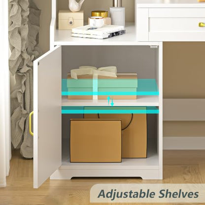 60" White Computer Desk with Drawers & Bookshelves for Bedroom, Home Office | Computer Desk with Bookcase & Drawers, Vanity Desk Writing Study Table with Storage for Bedroom, White - color: White