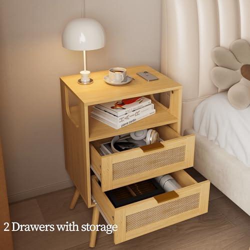 Rattan Nightstand,Farmhouse Bedside Table with 2 Storage Drawer and Open Wood Shelf, for Bedroom and Small Spaces,Night Stand with Solid Wood Legs (Yellow Oak) - color: Yellow Oak