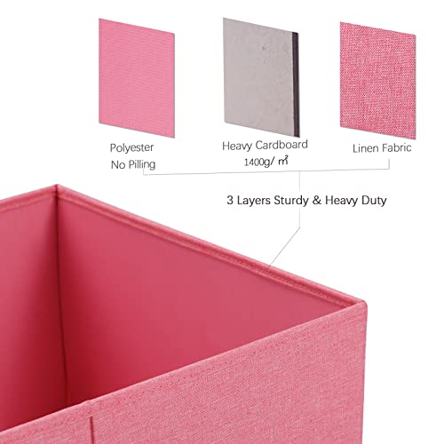 HOONEX Linen Foldable Storage Bins with Lids, 2 Pack, Storage Boxes with Carrying Handles and Sturdy Heavy Cardboard, 16.5" L x 11.8" W x 7.5" H for Shoes, Books, Clothes, Nursery, Pink - color: Pink