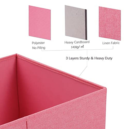 HOONEX Linen Foldable Storage Bins with Lids, 2 Pack, Storage Boxes with Carrying Handles and Sturdy Heavy Cardboard, 16.5" L x 11.8" W x 7.5" H for Shoes, Books, Clothes, Nursery, Pink - color: Pink