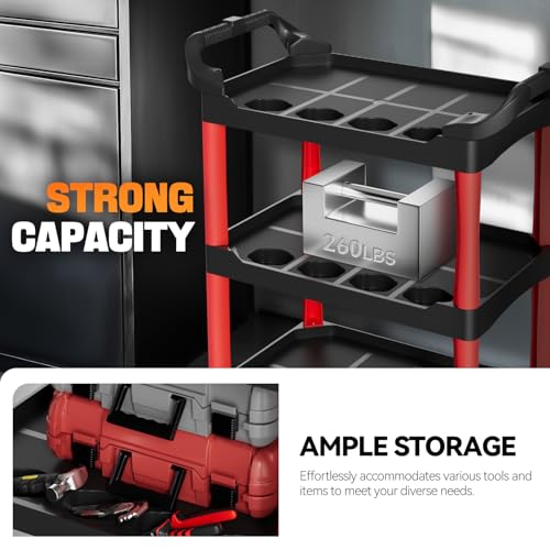 Auto Dynasty 3-Tier Rolling Cart with Cup Holders, 120kg Capacity, Black | 120 Kg/260 Lbs Capacity, 3-Tier Storage w/Cup Holders, Rolling Wheels for Easy Mobility, for Home/Garage/Warehouse/Workshop - style: with Cup Holders
