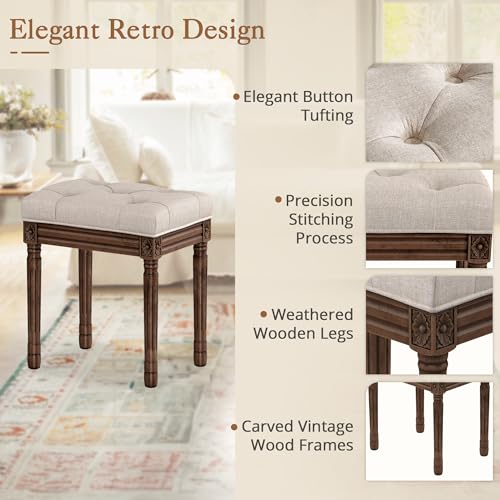 LUE BONA Upholstered Fabric Vanity Bench Seat, Makeup Stools for Vanity, Square Tufted Ottoman Bench with Carved Dark Brown Legs for Bedroom Living Room, Linen Color - color: Linen and Dark Brown