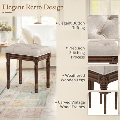 LUE BONA Upholstered Fabric Vanity Bench Seat, Makeup Stools for Vanity, Square Tufted Ottoman Bench with Carved Dark Brown Legs for Bedroom Living Room, Linen Color - color: Linen and Dark Brown