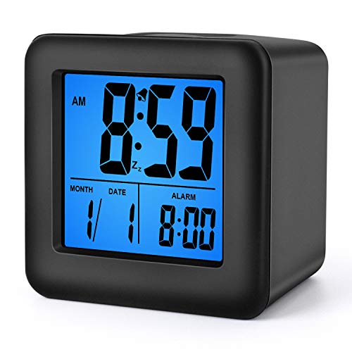 Plumeet Digital Alarm Clock Kids Alarm Clock with Snooze and Nightlight - Easy Setting Silicone Clock Display Time, Date - Loud Alarm Clock for Bedroom - Battery Powered (Black) - color: Black