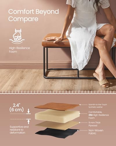 VASAGLE Storage Ottoman Bench for Entryway, PU Leather, Loads 660 lb | Ottoman Bench, Transitional, with Stitching, Bedroom, Living Room, Caramel Brown, EKHO Collection ULOM085K01 - color: Caramel Brown, style: Steel Frame Bench