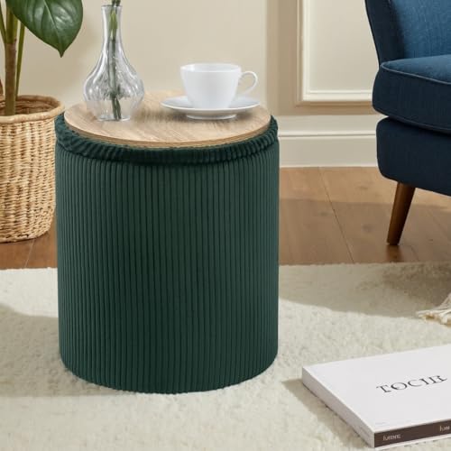 Round Storage Ottoman with Tray Lid | Upholstered Vanity Stool for Makeup, Ottomans Coffee Table, Small Foot Rest for Living Room Bedroom - color: Dark Green - Upgrade Taray Lid