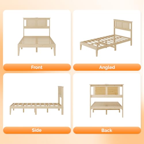 VINGLI Rattan Twin Bed Frame with Headboard,Boho Bed Frame with Underbed Storage and Charging Ports for Bedroom,Solid Wooden Slats Support,Noise-Free,Natural - size: Twin