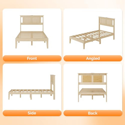 VINGLI Rattan Twin Bed Frame with Headboard,Boho Bed Frame with Underbed Storage and Charging Ports for Bedroom,Solid Wooden Slats Support,Noise-Free,Natural - size: Twin
