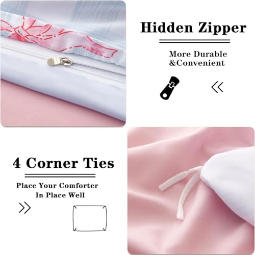 Bow Duvet Cover King Size Blue Plaid Pink Bows Reversible Bedding Set 3 Piece Soft Lightweight Microfiber Kids Bedding Set with Zipper Closure and 2 Pillowcases - color: Blue Plaid Pink Bowknot, size: King(No Comforter)