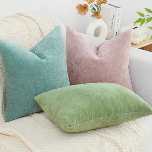 decorUhome Chenille Aqua Haze Throw Pillow Covers 18x18 Inch Set of 2, Decorative Soft Couch Pillow Covers Solid Dyed Accent Velvet Farmhouse Neutral Square Pillow Cases for Sofa Bed Living Room | Decorative Fall Couch Pillow Covers Solid Dyed Accent Mode