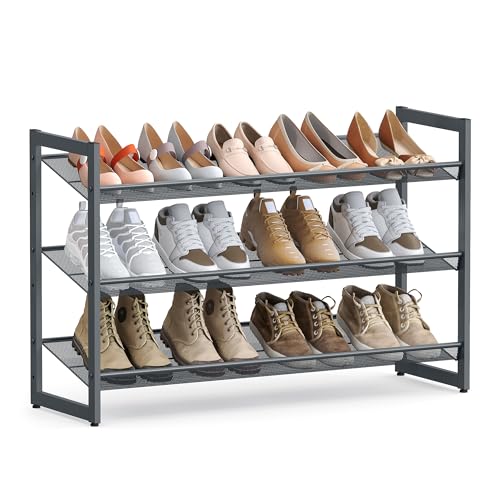 SONGMICS Shoe Rack, 3-Tier Shoe Organizer, Metal Shoe Storage for Garage, Stackable Shoe Shelf, with Adjustable Flat or Angled Shelves, 9-12 Pairs, Charcoal Gray ULMR03GB - color: Charcoal Gray, size: 3 Tiers (29.1''W)