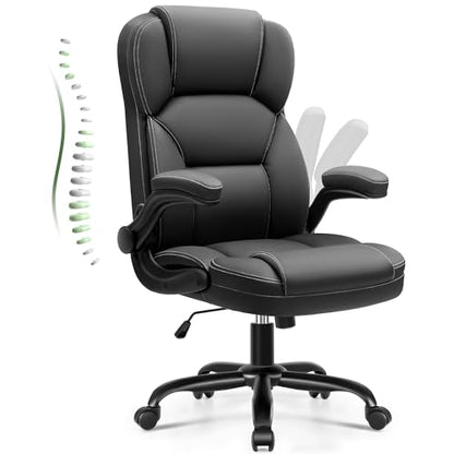 Leather Office Chair with Flip Up Arms, 360° Swivel Ergonomic Desk Chair with Wheels, Adjustable Height Computer Chair with Padded Seat for Home Office, Study,Gaming Room, Black - color: Black