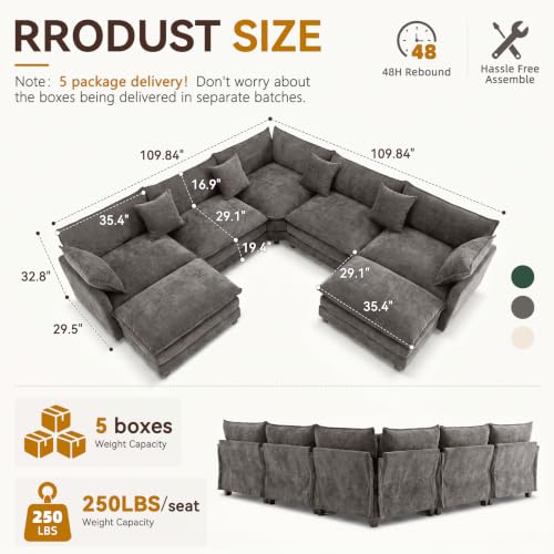 110" Modular Sectional Cloud Sofa Couch V Shape with 2 Ottoman, Grey | 3 Layer Cushion, 6 Washable Pillows, 29" Deep Seat, Chenille Fabric, for Living Room Apartment - color: Grey, size: 110"V-2