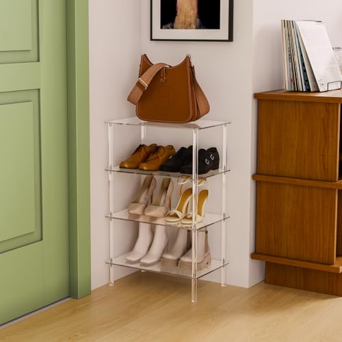 Aquiver Acrylic Small Shoe Rack - 18.1'' L x 11.8'' W x 28.5'' H - 4 Tier Shoe Rack for Front Door Entrance, Entryway, and Closet - Shoe Organizer Narrow Shoe Storage Shelf (Clear)