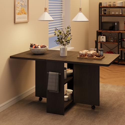 Folding Dining Table with 2-Layer Storage Rack, Drop Leaf Tables, Black | Small Spaces, Foldable Dining Table with 3 Wheels, Kitchen Table, Dining Room - color: Dark Walnut, size: 47.2"D x 23.6"W x 29.5"H