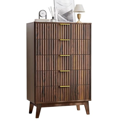 5-Drawer Dresser Fluted Drawers, Mid-Century, Walnut | 31"W x 15.4"D x 48"H, 130 lbs top / 40 lbs per drawer (7.7"H), 5 fluted drawers, gold handles, anti-tip straps - size: 15.4"D x 31"W x 48"H (5 Drawers)