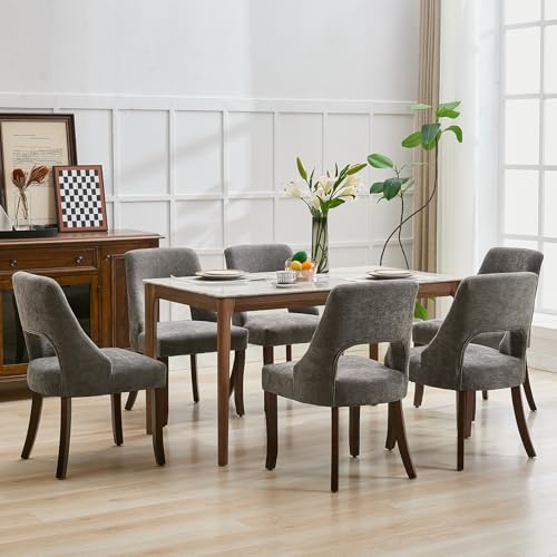 UVV Wooden Dining Chairs Set of 2, Mid Century Modern Upholstered Dining Room Chair Kitchen Chairs, Chenille Dinner Chair with Solid Wood Legs for Kitchen Dining Room, Dark Grey - color: Dark Grey, size: Set of 2