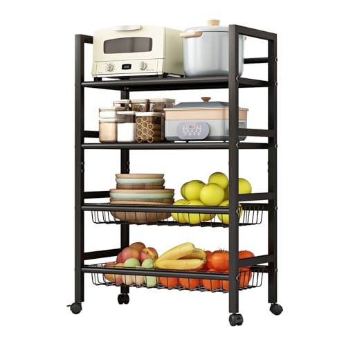 4-Tier Rolling Metal Storage Cart Mobile Organizer with Removable Grid Basket and Locking Wheels, Suitable for Multiple Uses, Black (Large) - size: 23.6 in
